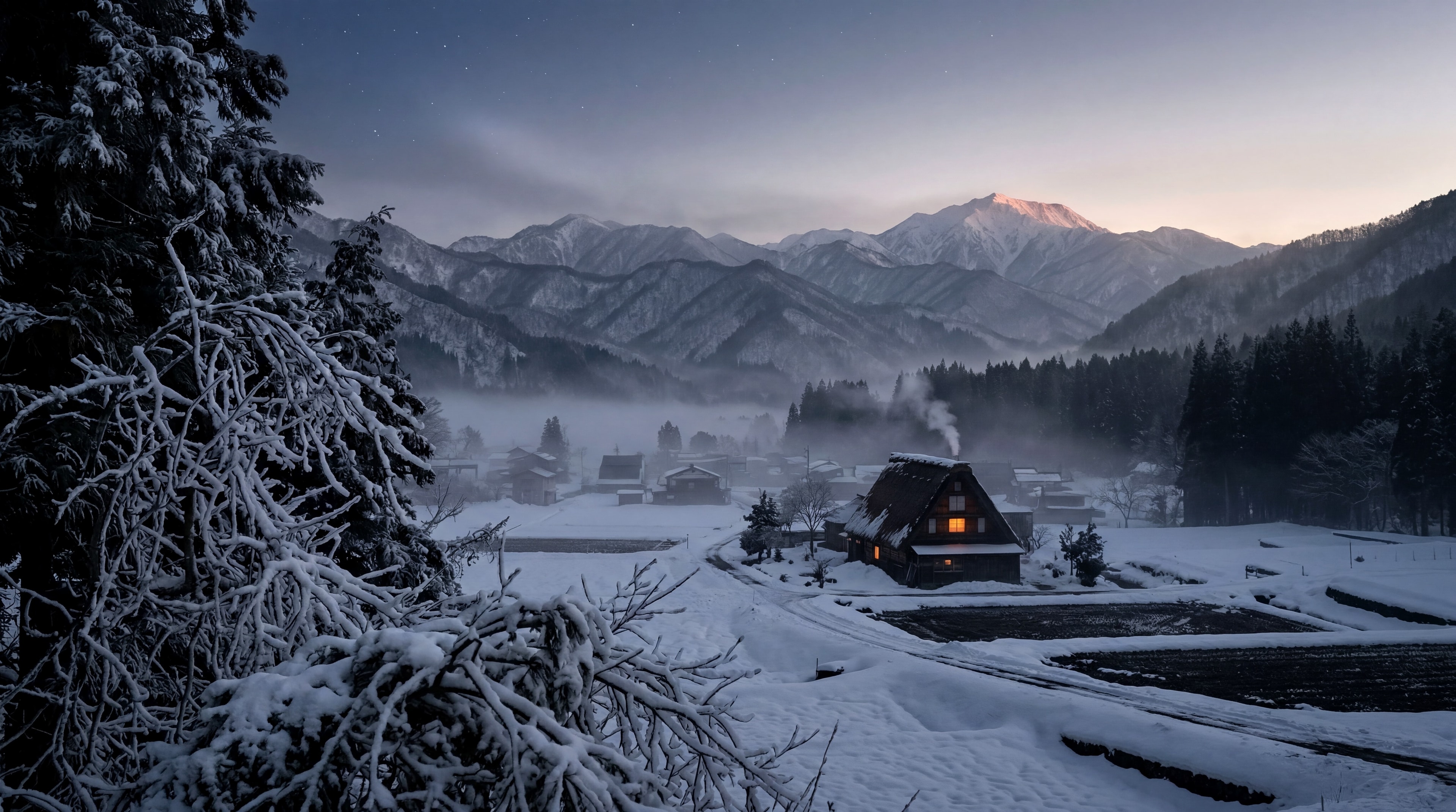 A single warmly-lit gassho-zukuri farmhouse in a snow-covered Northern Japan mountain village at blue hour, soft alpenglow on the highest peak, ridges receding into low valley fog beneath a starry indigo sky